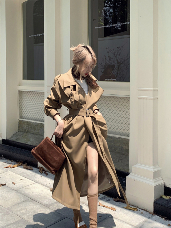 Retro casual British style mid-length over-the-knee windbreaker coat belt for women