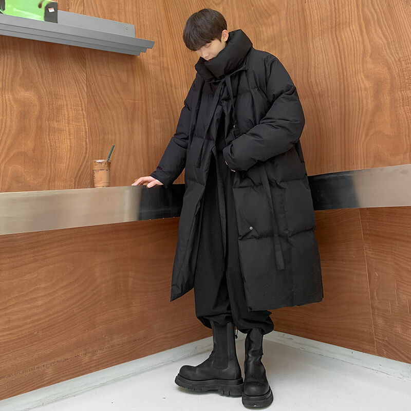 Winter new style ribbon mid-length cotton coat men's same style cotton coat dark style
