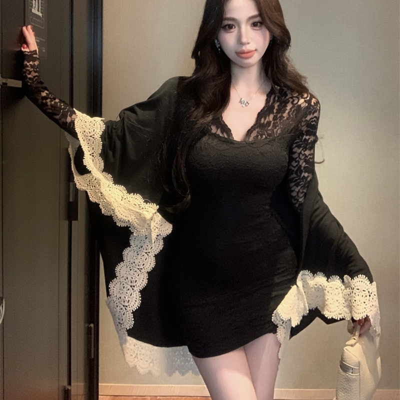 Pure lust hottie sexy lace v-neck long-sleeved dress lace shawl top suit