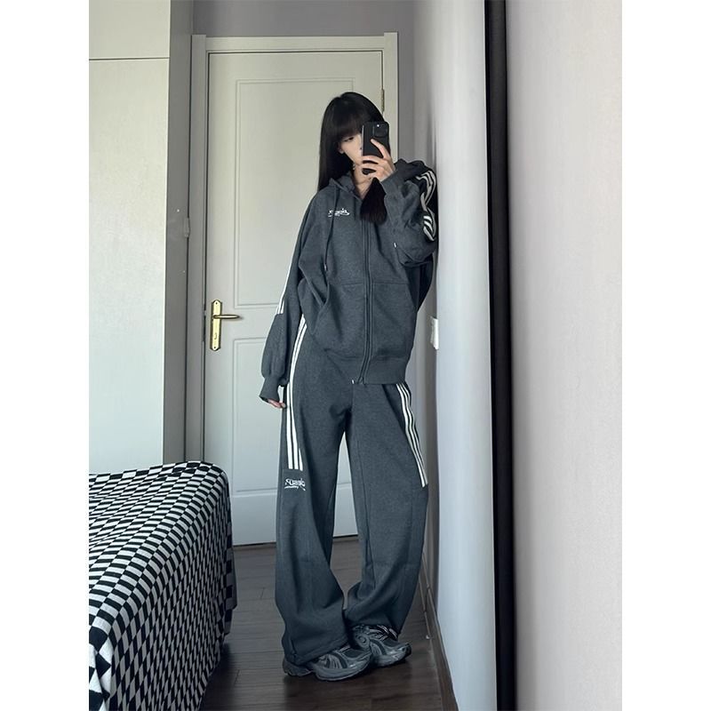 American retro dark gray sweatshirt wide-leg pants casual sports suit for women autumn hip-hop two-piece set