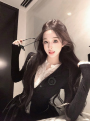 Rich family's daughter, college style lace patchwork fake two-piece top