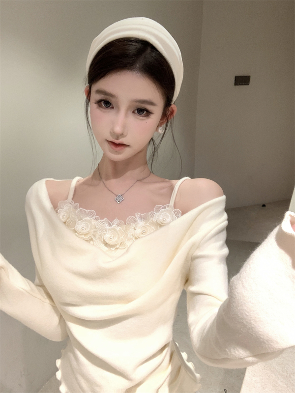 Temperament flower swung collar knitted top bottoming shirt slim fit short shirt