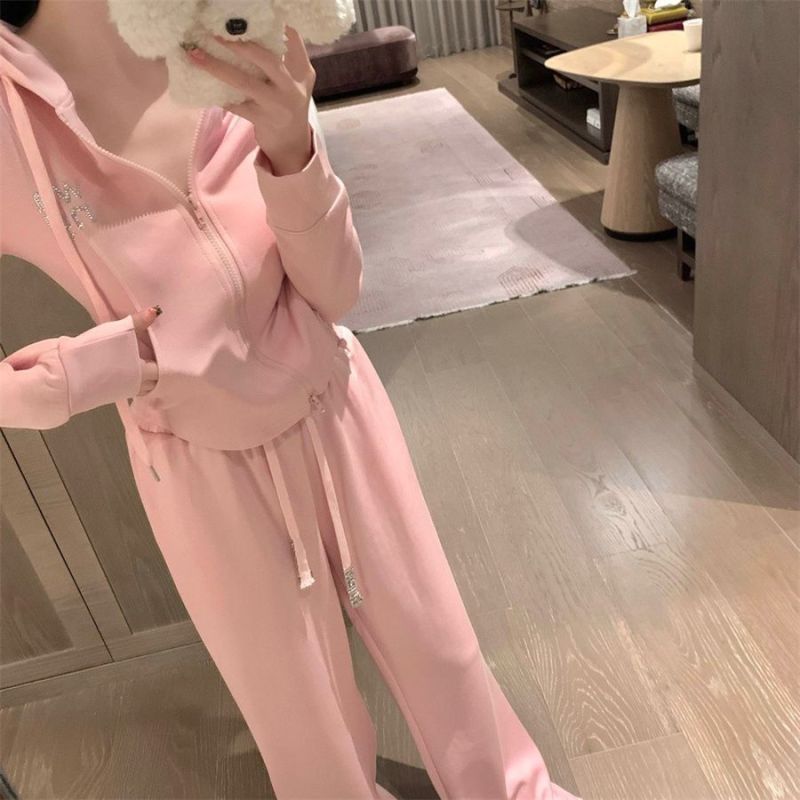 Hot diamond lettering hooded waist long-sleeved sweatshirt jacket for women autumn casual wide-leg pants two-piece suit trousers