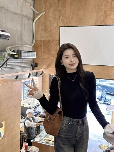 Korean chic American design bell sleeve slim half turtleneck bottoming shirt for women slimming top