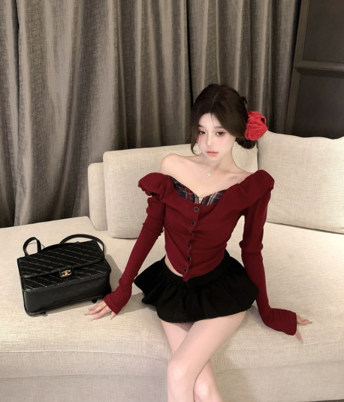 Retro heavy-duty fake two-piece patchwork waisted fishbone bottoming shirt, slimming inner knitted top
