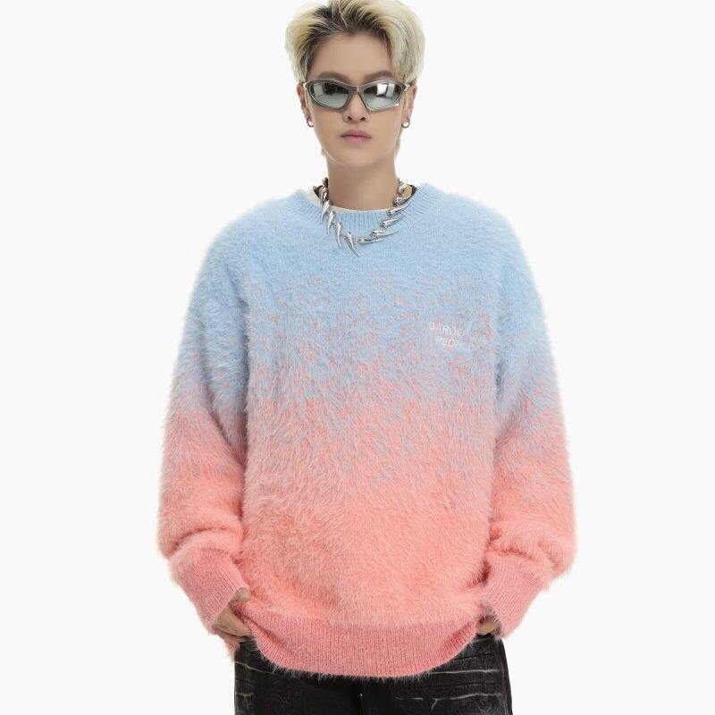 Soft waxy gradient pink jacquard sweater for men and women, winter design niche atmosphere mink velvet sweater