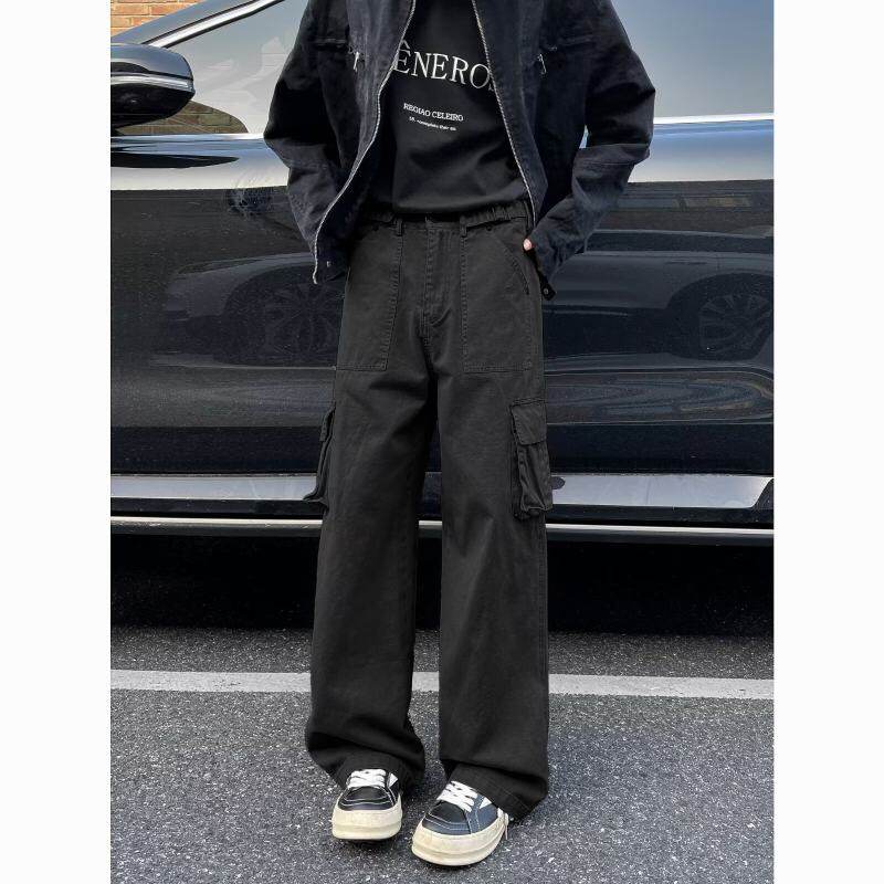 Retro washed navy blue multi-pocket overalls for boys spring and autumn design cleanfit advanced straight pants