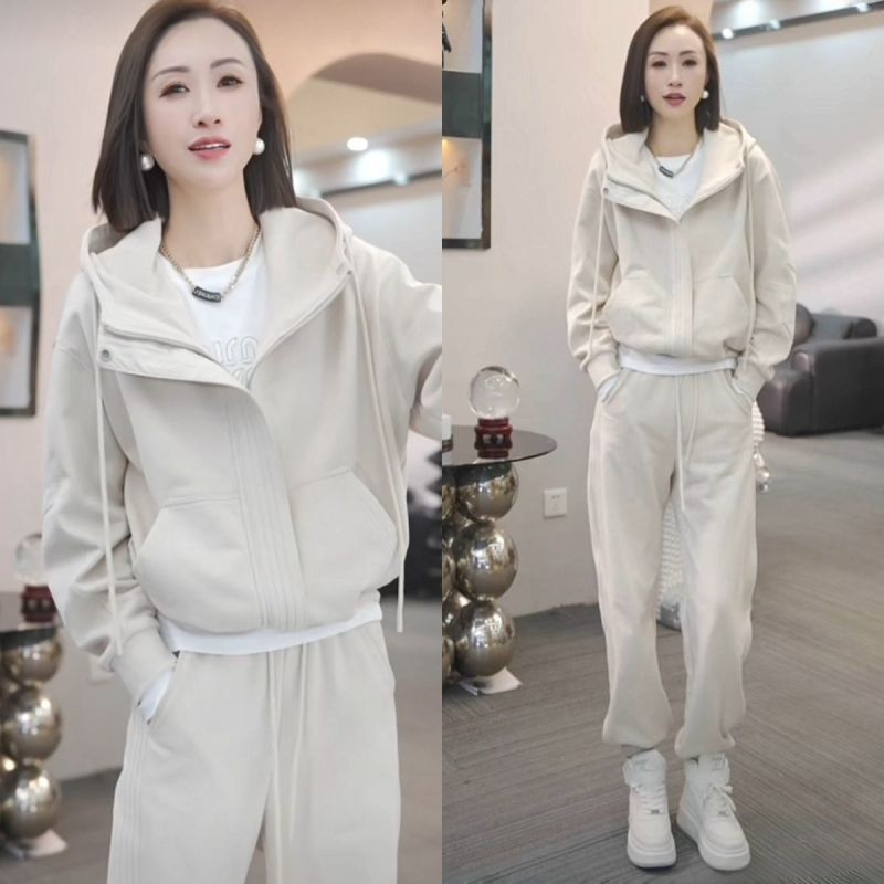 European fashion velvet suit for women autumn and winter hooded long-sleeved zipper sweatshirt jacket casual leggings two-piece trendy set