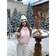 Winter fragrant pink stitching knitted down jacket for women sweet casual baseball jacket