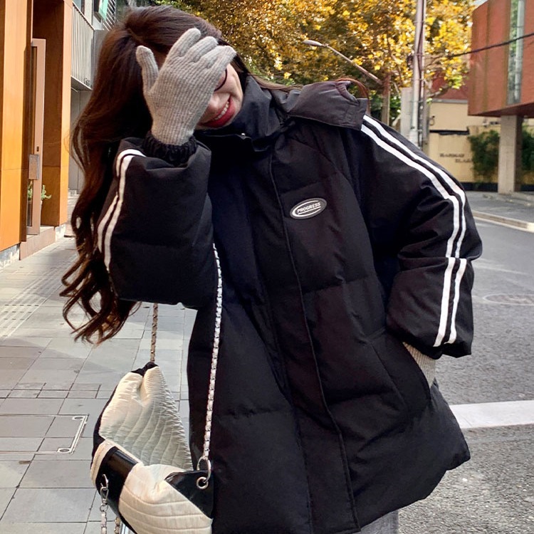 Black down cotton jacket for women winter 2024 new Korean style loose college style couple versatile hooded thickened cotton jacket