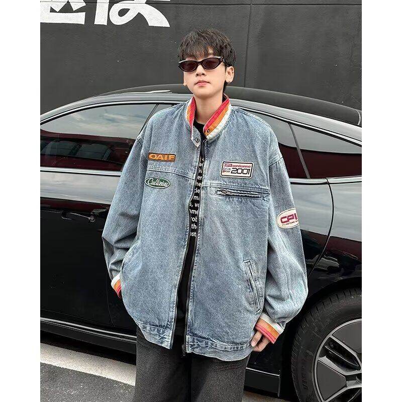 Spring American letter embroidered denim jacket, trendy and versatile loose retro stand collar jacket