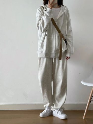 Popular American Korean style lazy style long-sleeved hooded cardigan pure cotton autumn sweatshirt suit