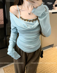 French fake two-piece smocked collar design blouse for women