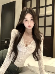 Sexy pure lust slightly see-through lace V-neck slit top temperament slim bottoming shirt