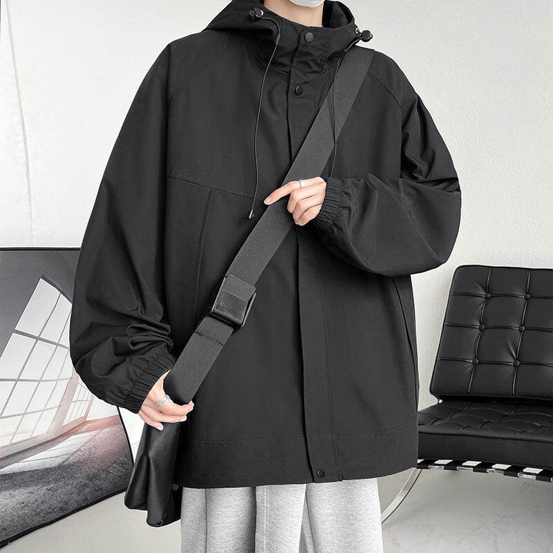 Autumn new three-dimensional oblique pocket solid color hooded zipper couple loose work jacket coat