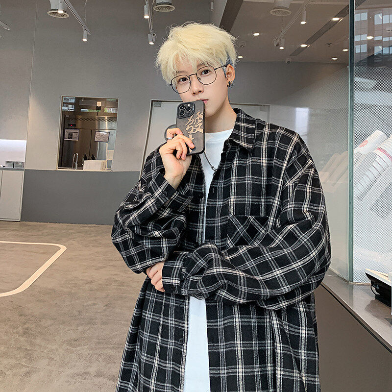 Men's autumn new Hong Kong style loose brushed plaid design long-sleeved shirt