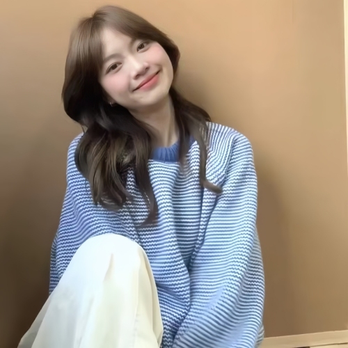 Korean style lazy college style contrast striped blue sweater for women in autumn and winter thickened round neck pullover loose soft waxy top
