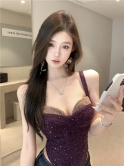 Heavy industry pearl sequin hot girl camisole high-end purple sexy inner tube top sleeveless top