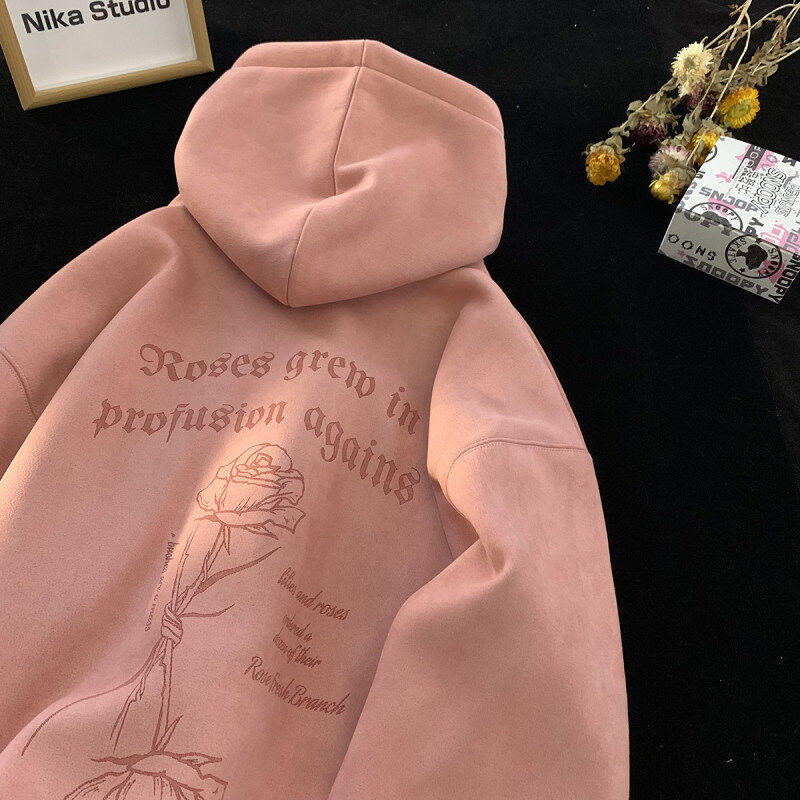 Large size 450G heavyweight burnt suede hooded sweatshirt