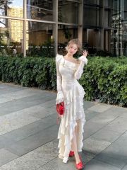 Soft light roaming jacquard knitted French romantic off-shoulder asymmetrical ruffled trumpet sleeve dress
