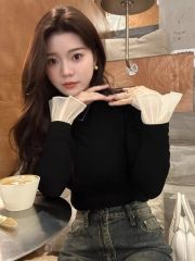 Korean chic American design bell sleeve slim half turtleneck bottoming shirt for women slimming top