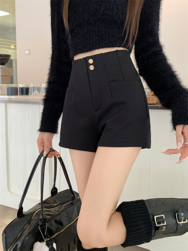 Women's casual black Korean style high-waisted solid color shorts with velvet pockets and wide-leg shorts for small people to wear outside