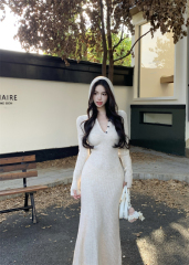 Autumn and winter French hooded knitted long-sleeved inner bottoming slim fit hip-hugging dress long skirt