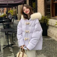 Purple Horn Button Down Jacket Women's Winter New Korean Style Loose Big Fur Collar Thickened Bread Jacket
