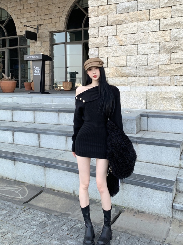 Xiaoxiangfeng shoulder bag hip sweater knitted dress