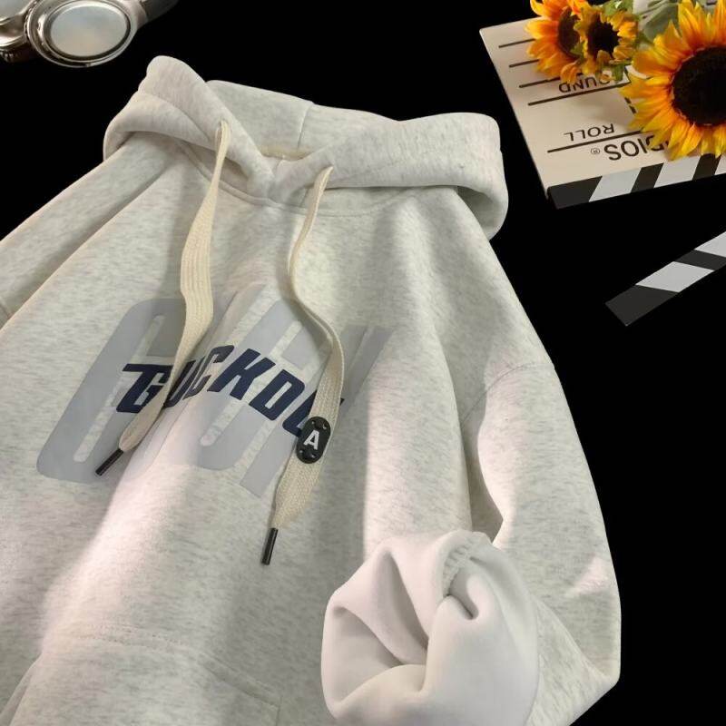 Winter velvet burgundy hooded sweatshirt for men with foam letter print loose casual youth student shirt jacket