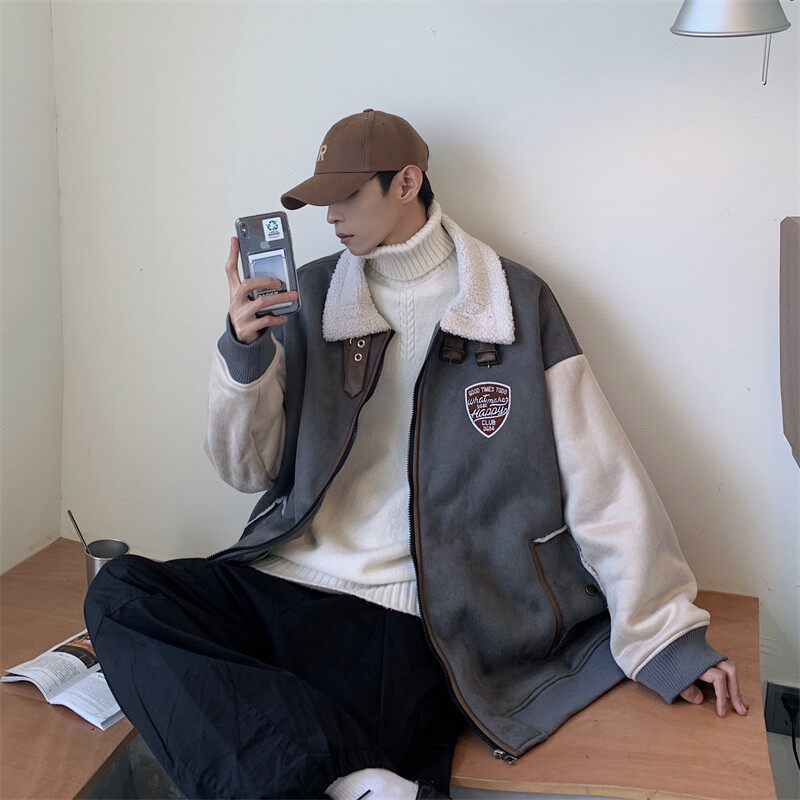 Suede spliced ​​lamb plush jacket men's new winter imitation thick cotton coat