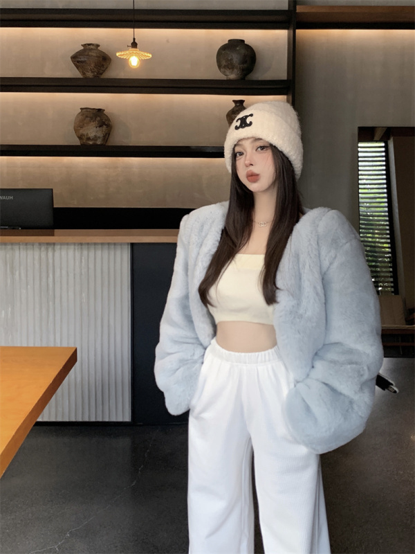 Retro fashionable young short style thickened eco-friendly plush imitation fur jacket for women in autumn and winter