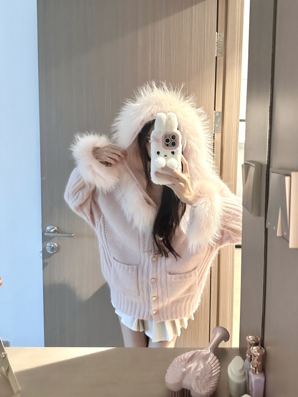Soft and waxy pink rabbit raccoon fur collar hooded rabbit fur cable cardigan loose knitted jacket top