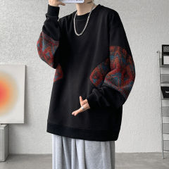 Ethnic style spliced ​​round neck sweatshirt for men spring and autumn loose new Chinese style large size men's long sleeve
