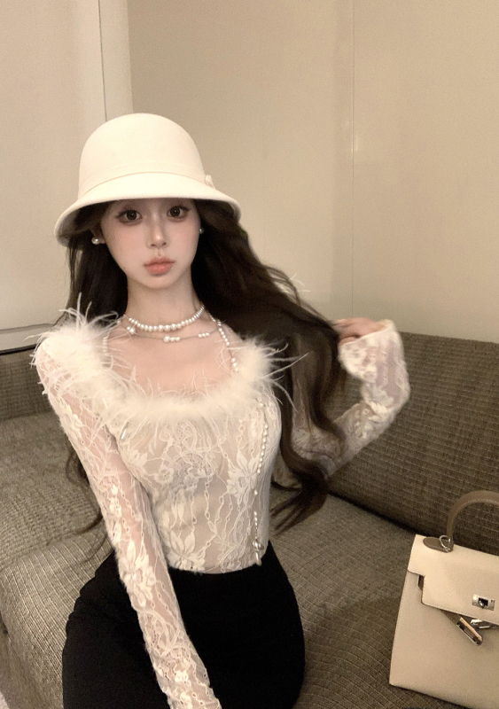 Hot girl short design pure lust fur collar lace shirt slimming long-sleeved top for women