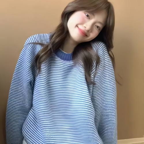 Korean style lazy college style contrast striped blue sweater for women in autumn and winter thickened round neck pullover loose soft waxy top