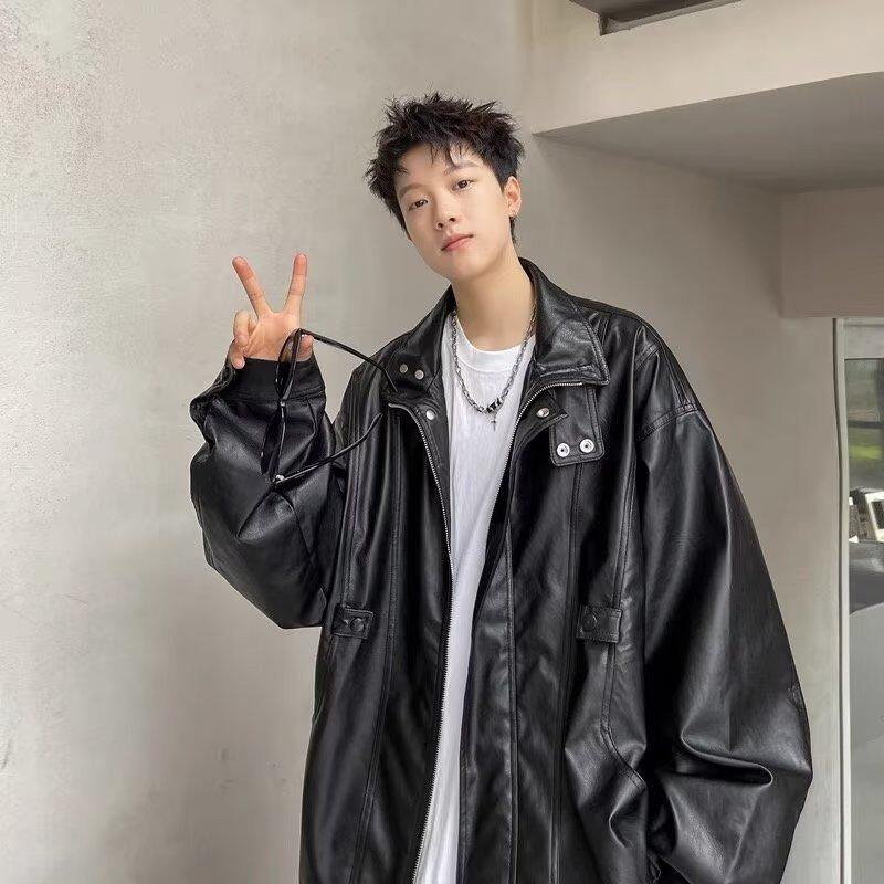 New winter leather jacket men's loose motorcycle suit trendy boys handsome leather jacket