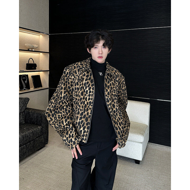 Stand collar zippered washed denim leopard print jacket with shoulder pads