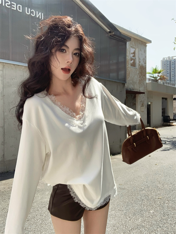 Sweet hot girl pure desire lace stitching v-neck design brushed loose long-sleeved knitted T-shirt top