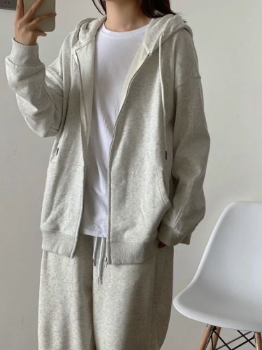 Popular American Korean style lazy style long-sleeved hooded cardigan pure cotton autumn sweatshirt suit