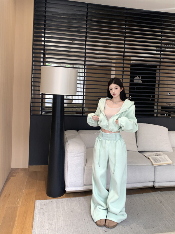Small waist plus velvet mint green hooded sweatshirt waist wide leg floor mopping pants set
