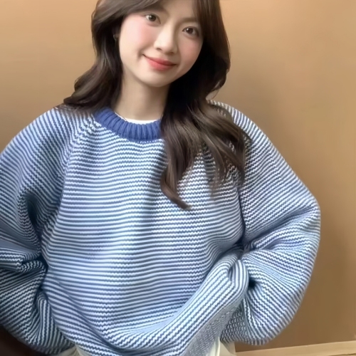 Korean style lazy college style contrast striped blue sweater for women in autumn and winter thickened round neck pullover loose soft waxy top