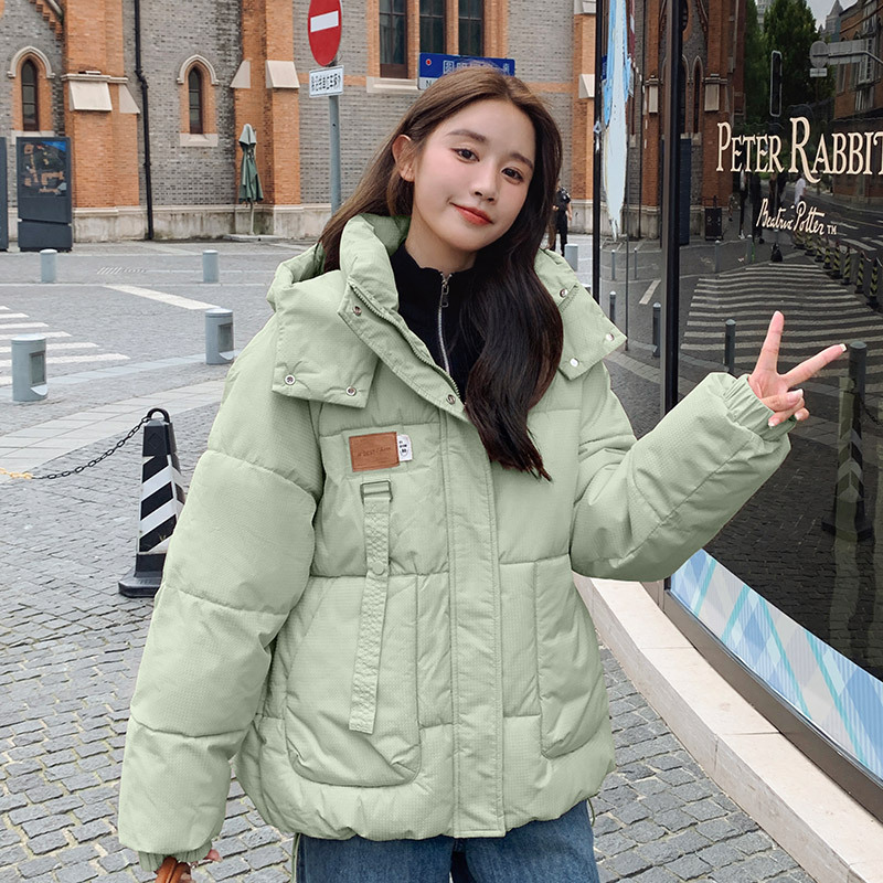 Green design down jacket for women winter new Korean style loose thickened hooded short cotton jacket