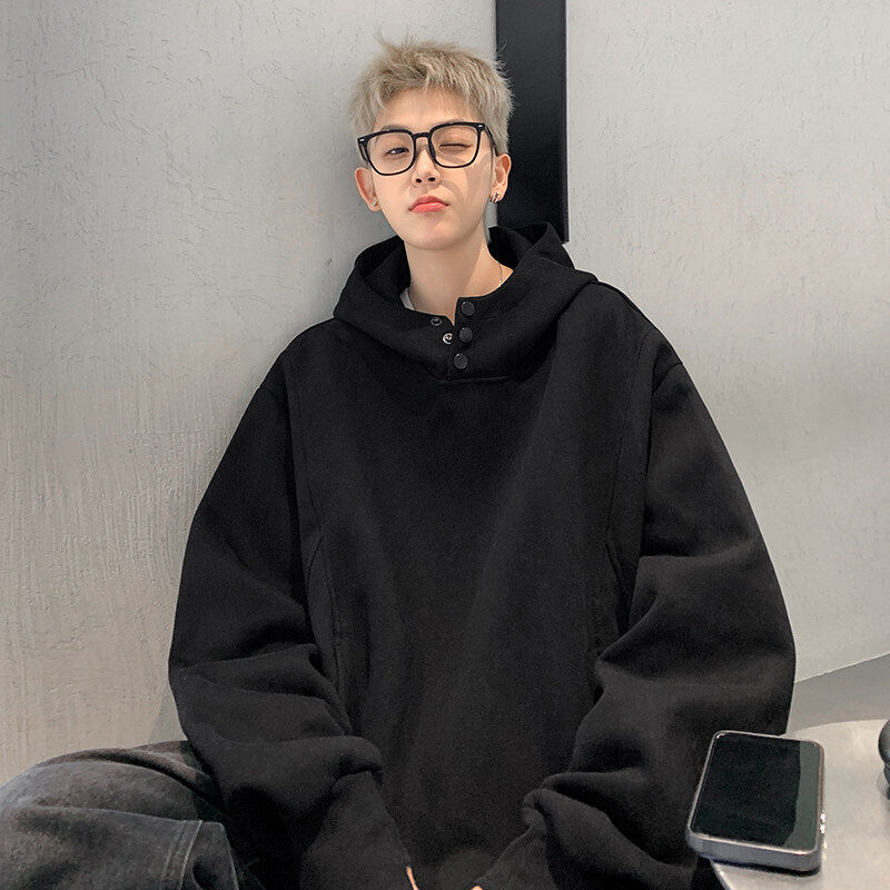 Chinese cotton high collar button hooded sweatshirt