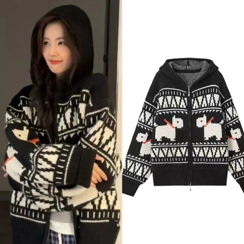 Ghost horse cute design mosaic hooded knitted cardigan autumn and winter sweet atmosphere sweater for women