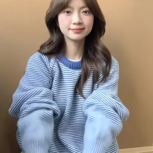 Korean style lazy college style contrast striped blue sweater for women in autumn and winter thickened round neck pullover loose soft waxy top