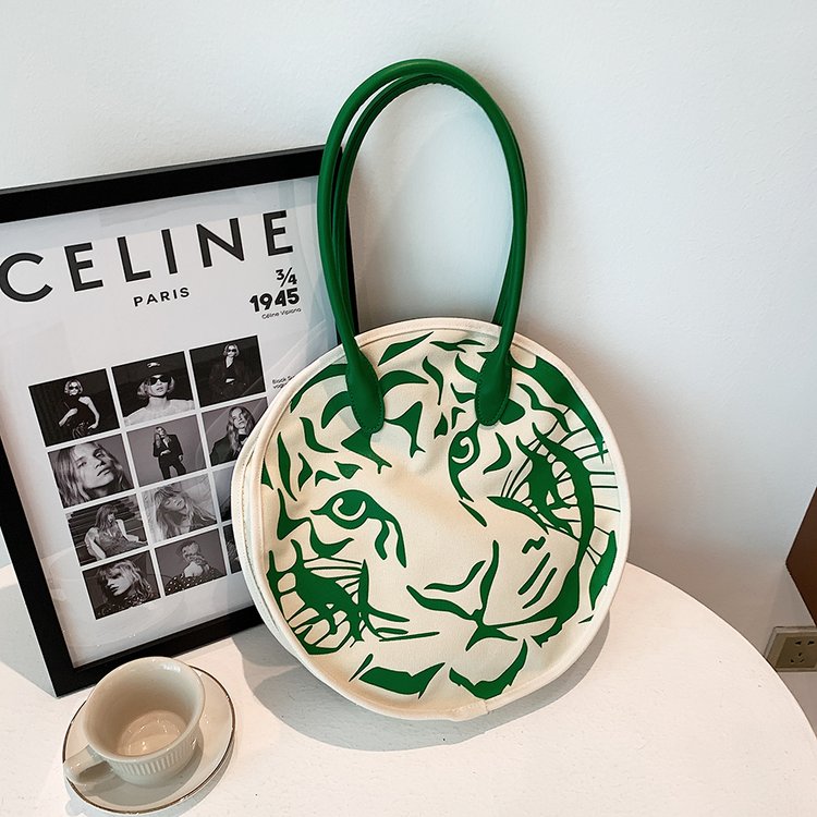 New tiger head printed canvas shoulder handbag large capacity European and American style women's bag foreign trade fashion large round bag