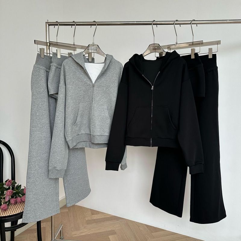 Korean style new fashion lazy style suit women's hooded cardigan sweatshirt high waist wide leg pants casual two-piece set
