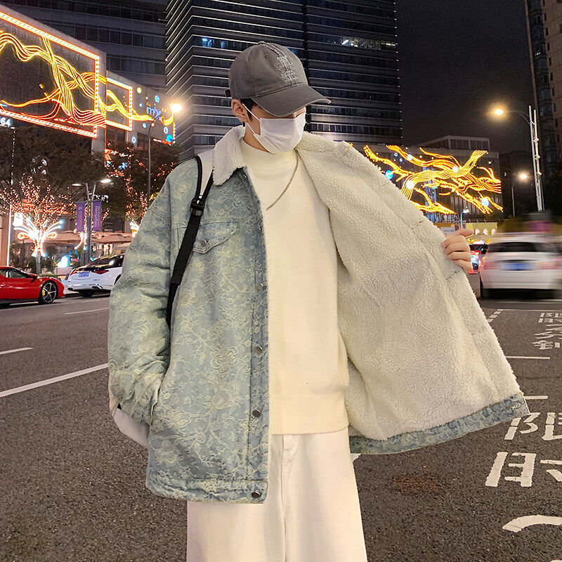 Denim cotton coat new autumn and winter Japanese style retro design lamb velvet cotton coat