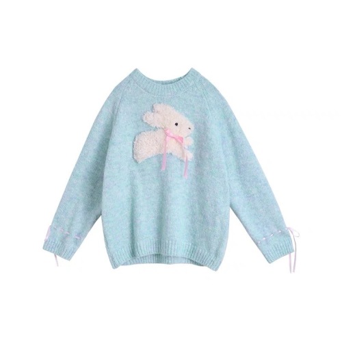 Sweet and cute dopamine round neck knitted mint blue bunny sweater for women 2024 autumn and winter new style